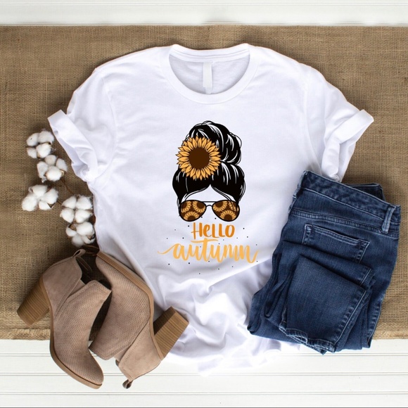 Hello autumn messy bun shirt - Picture 1 of 2
